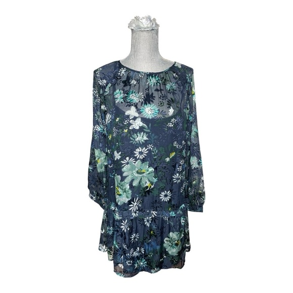 Ann Taylor Loft Floral Sheer Navy Blue Winter Garden Flounce Flare Dress Medium - Picture 2 of 10